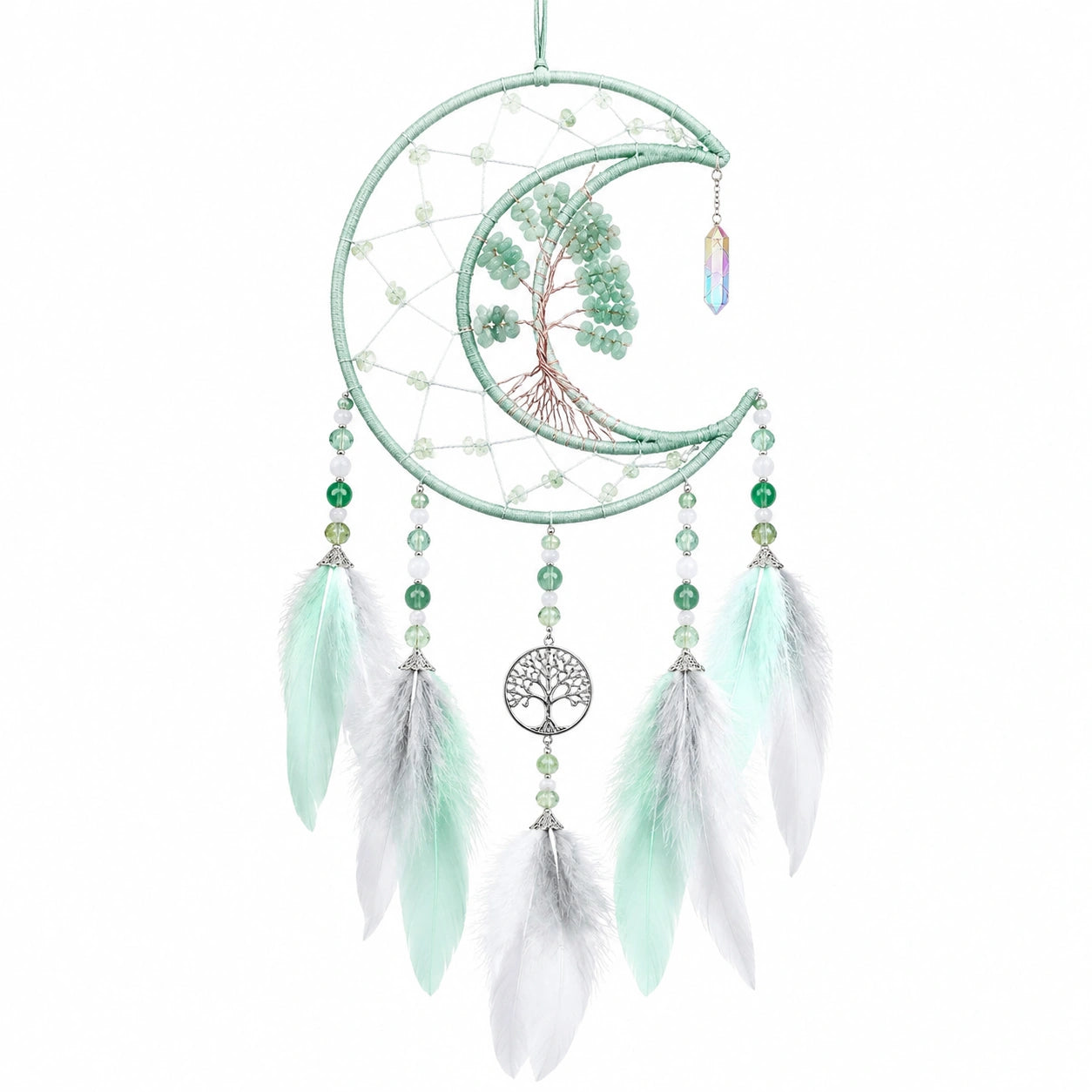 Attrape-rêves lune 30 x 75 cm en métal et fil vert menthe style bohème mural