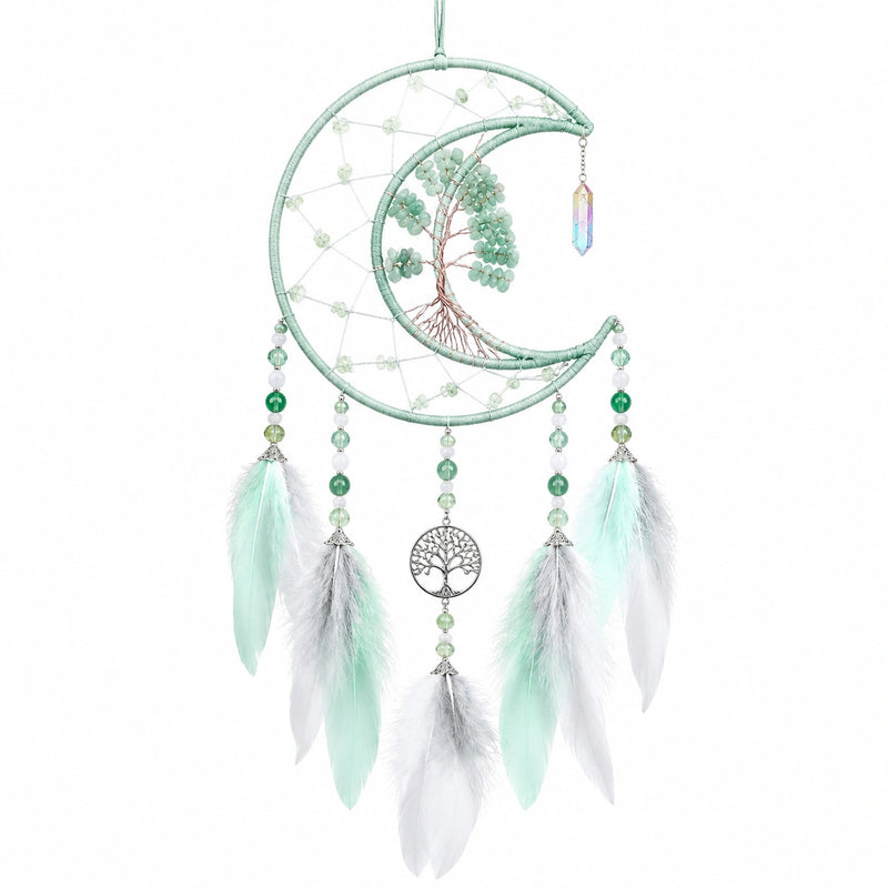Attrape-rêves lune 30 x 75 cm en métal et fil vert menthe style bohème mural
