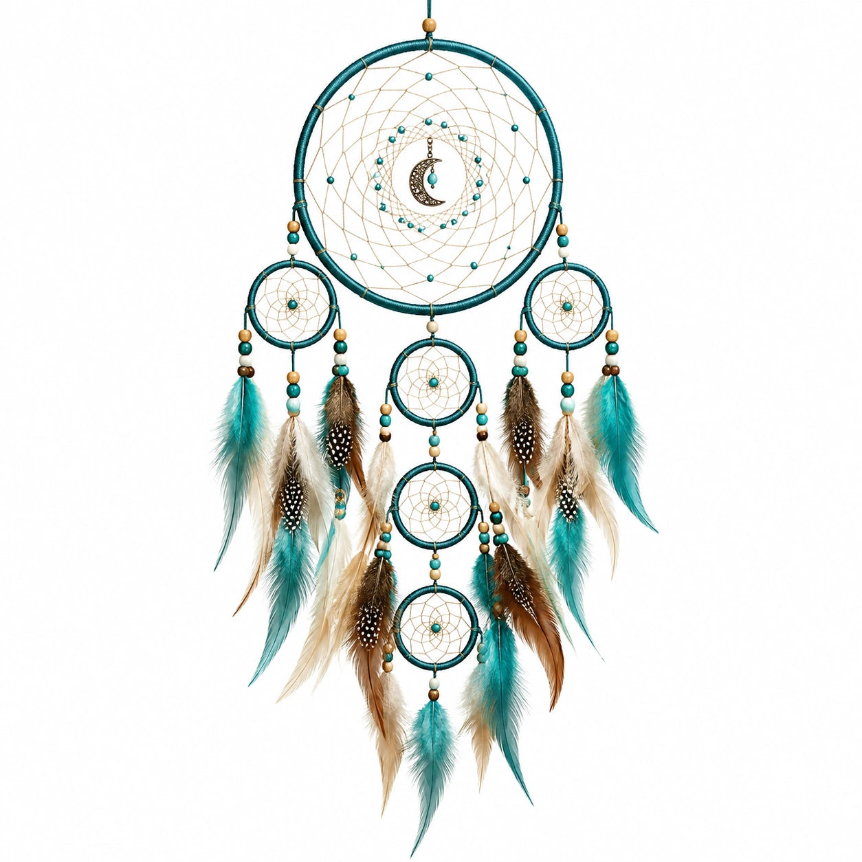 Attrape-rêves suspendu 45 x 100 cm en corde et plumes turquoise style bohème décoratif
