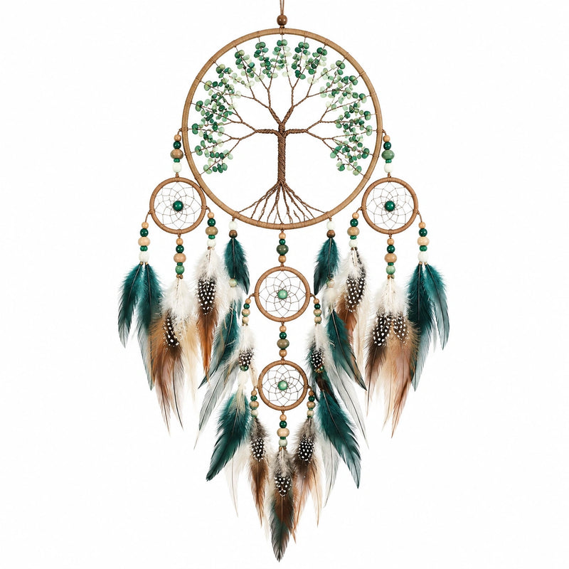 Attrape-rêves suspendu 40 x 90 cm en corde et plumes vert marron style bohème