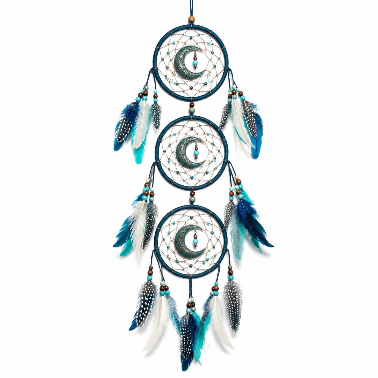 Attrape-rêves 35 x 100 cm en cordon textile bleu avec plumes et croissants décoratifs suspendus
