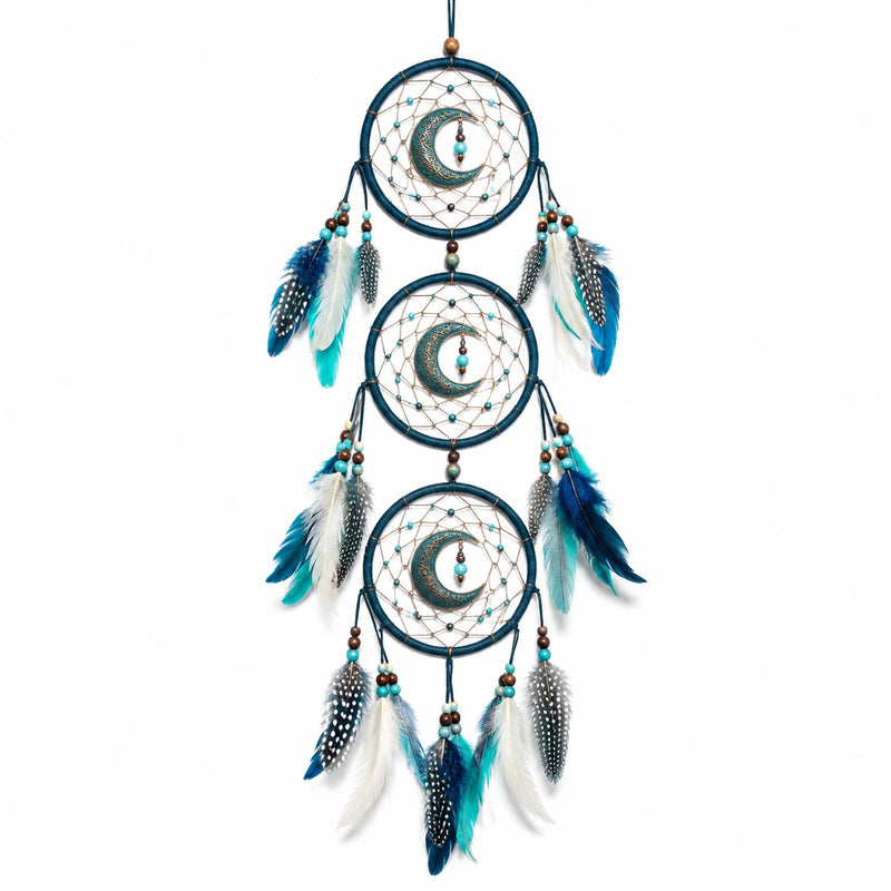 Attrape-rêves 35 x 100 cm en cordon textile bleu avec plumes et croissants décoratifs suspendus