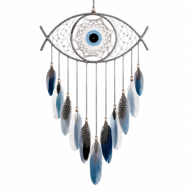 Attrape-rêves 40 x 90 cm en fil de coton et plumes bleues style bohème à suspendre