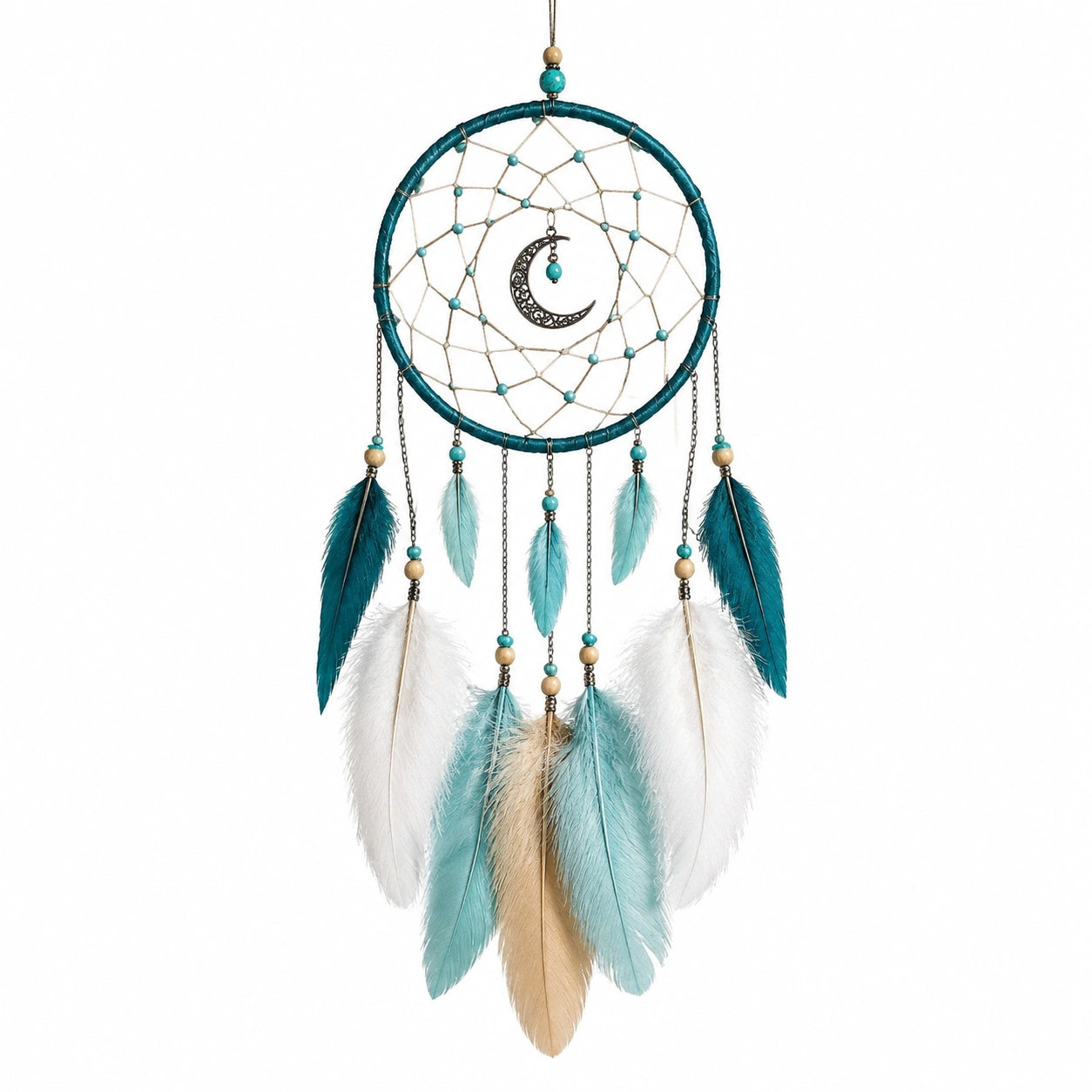 Attrape-rêves 20 x 60 cm en métal et textile turquoise pour décoration murale bohème