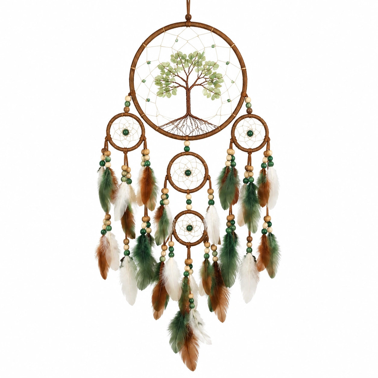 Attrape-rêves 40 x 85 cm en corde marron vert blanc à suspendre motif arbre