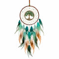 Attrape-rêves décoratif 30 x 85 cm en métal et cordon vert marron avec plumes