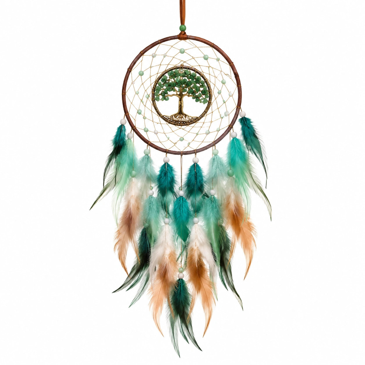 Attrape-rêves décoratif 30 x 85 cm en métal et cordon vert marron avec plumes