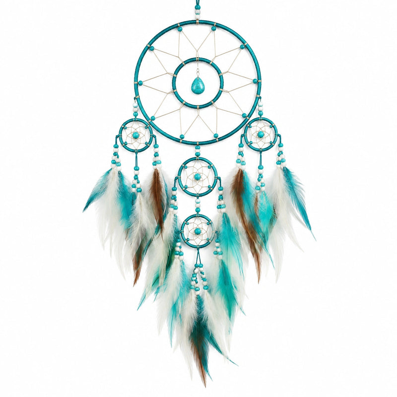 Attrape-rêves 30 x 75 cm en cordon et plumes turquoise blanc marron décoration murale bohème