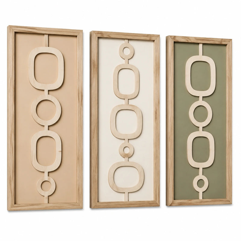 Ensemble de 3 tableaux muraux 30 x 90 cm en bois beige blanc vert style géométrique