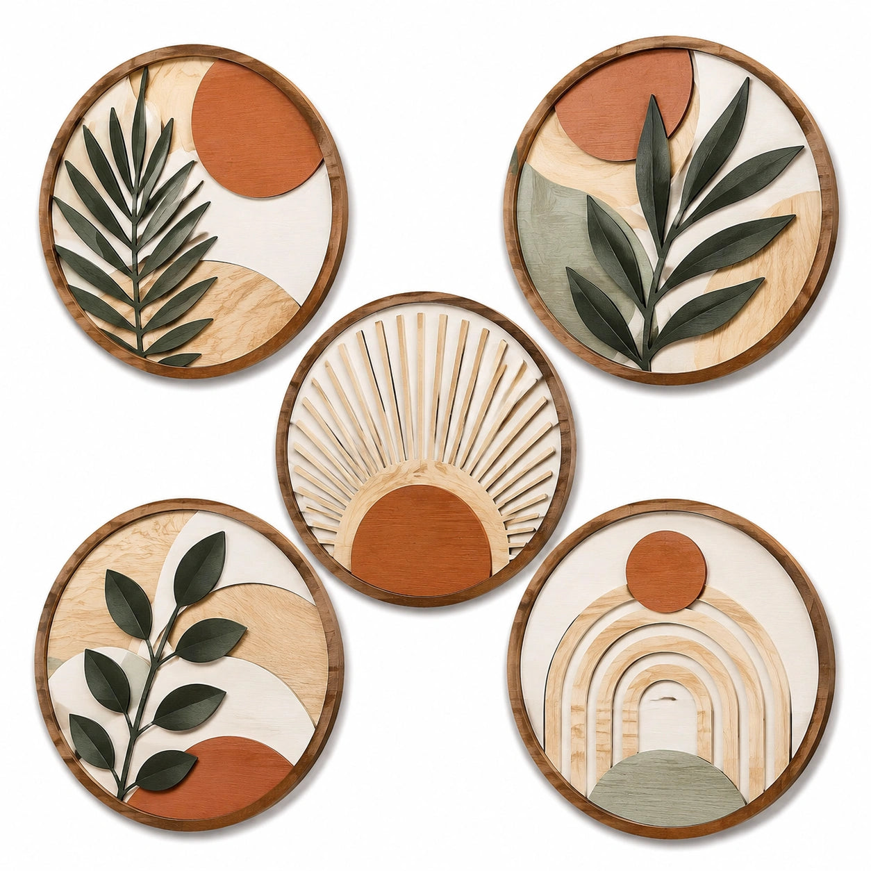 Décoration murale lot de 5 rondes diamètre 30 cm en bois multicolore style végétal