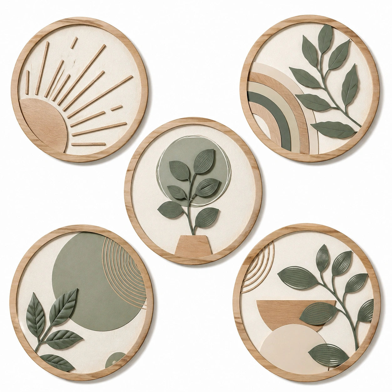 Lot de 5 décorations murales rondes 30 cm en bois beige vert style botanique