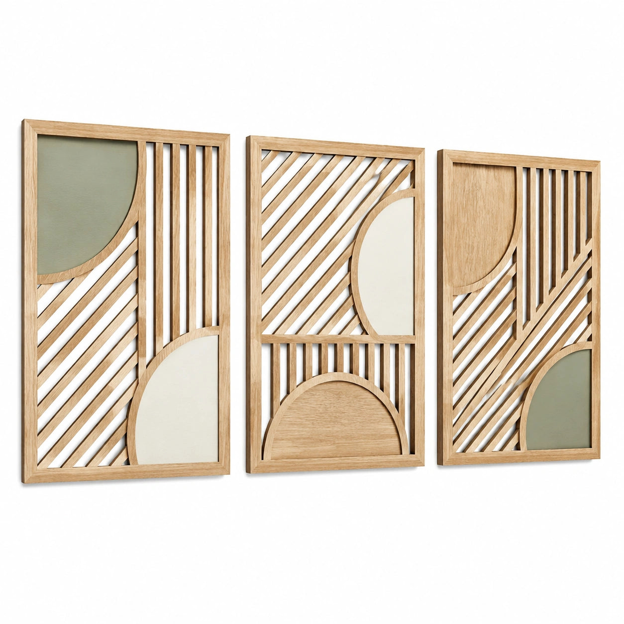 Lot de 3 panneaux muraux 40 x 70 cm en bois beige vert style géométrique