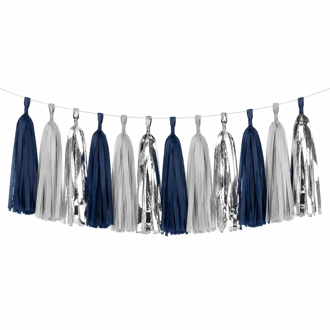 Guirlande à franges 180 x 30 cm en papier bleu marine gris et argenté pour décoration de fête