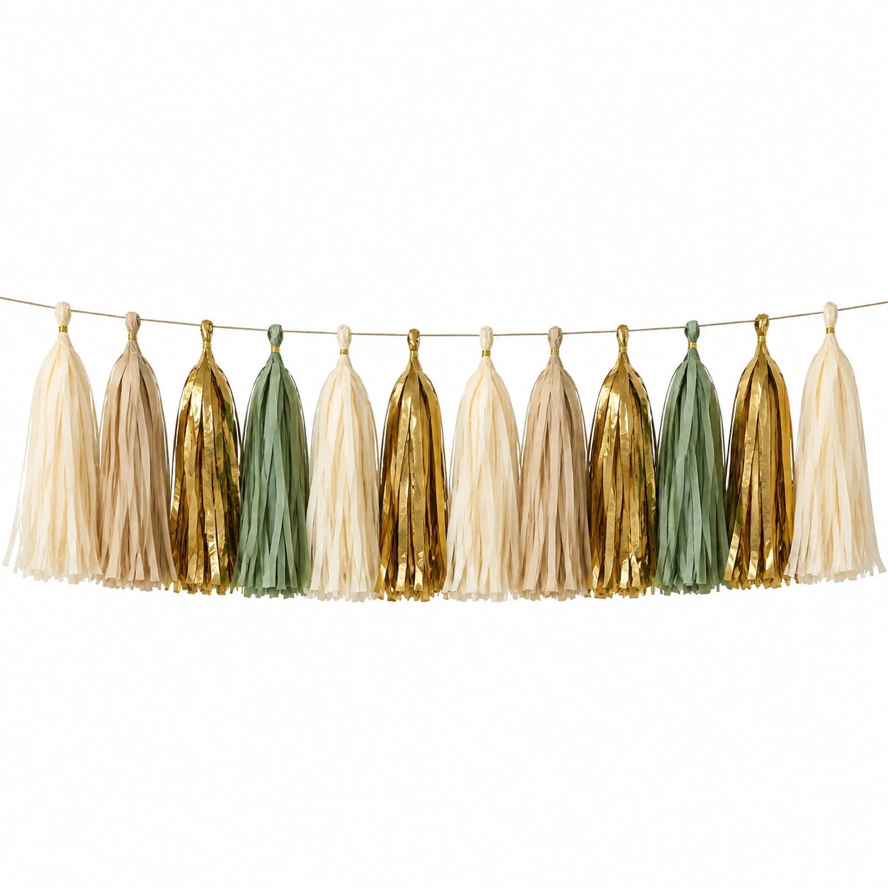 Guirlande à pampilles 150 cm en papier crème beige vert sauge et doré - décoration de fête