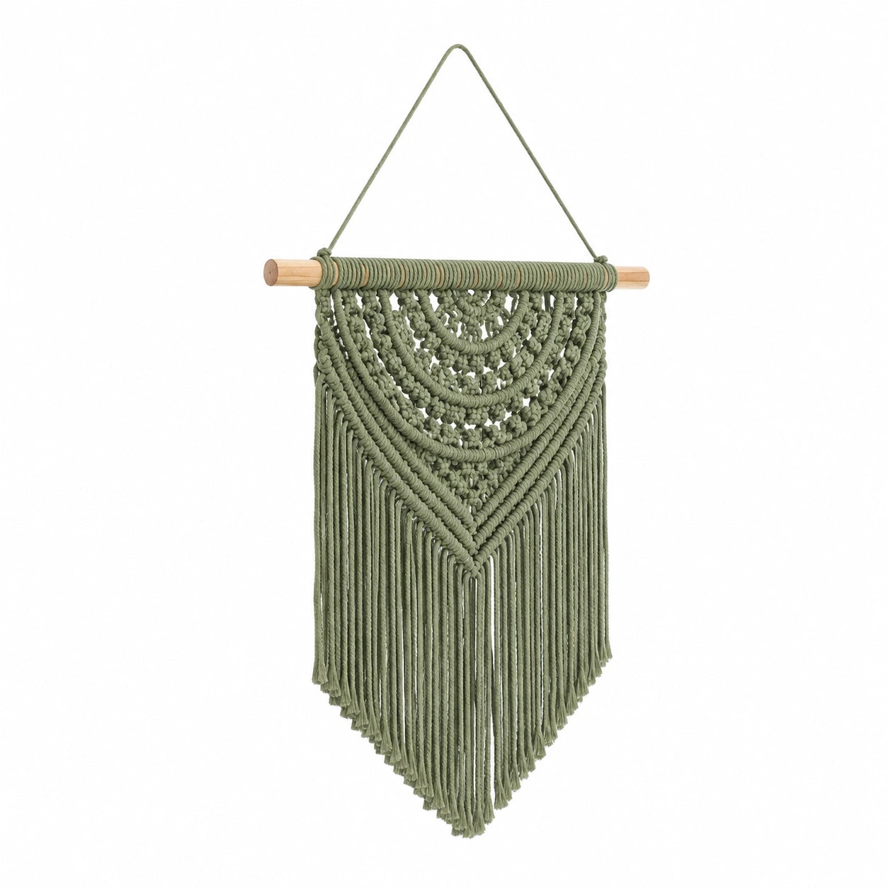 Décoration murale macramé 40 x 75 cm corde vert sauge style bohème