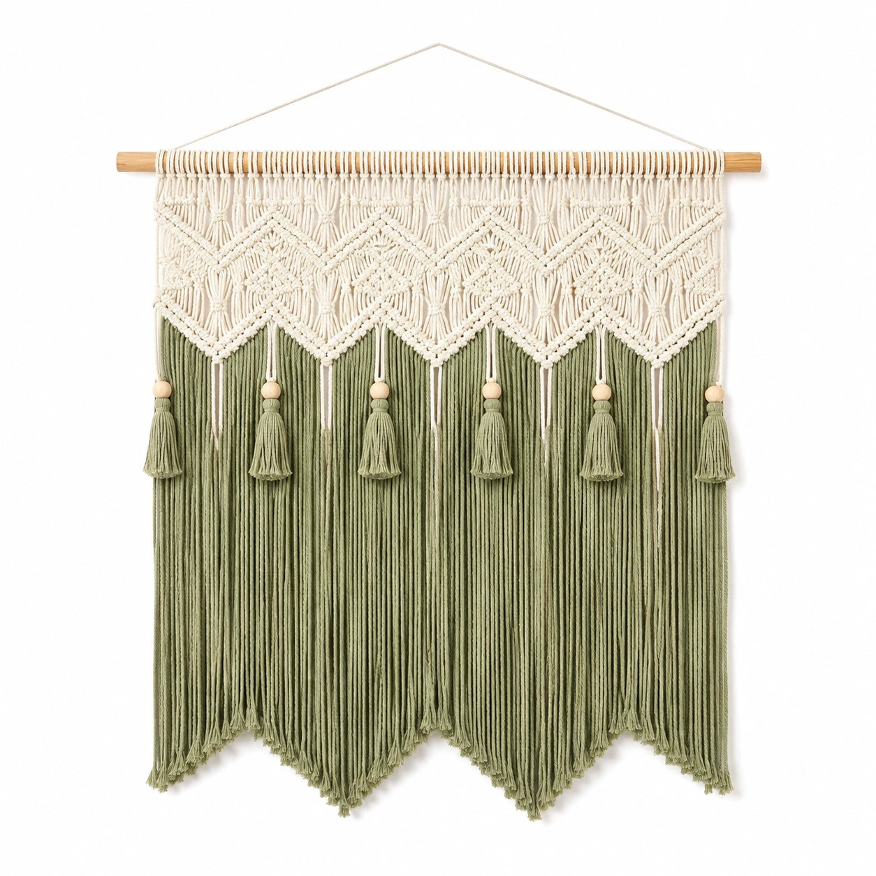 Tenture murale macramé 75 x 100 cm coton vert et écru décoration bohème