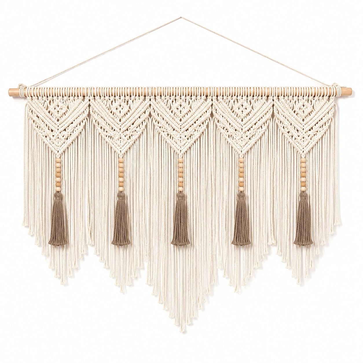 Tapisserie murale en macramé 100 x 95 cm coton écru style bohème à franges