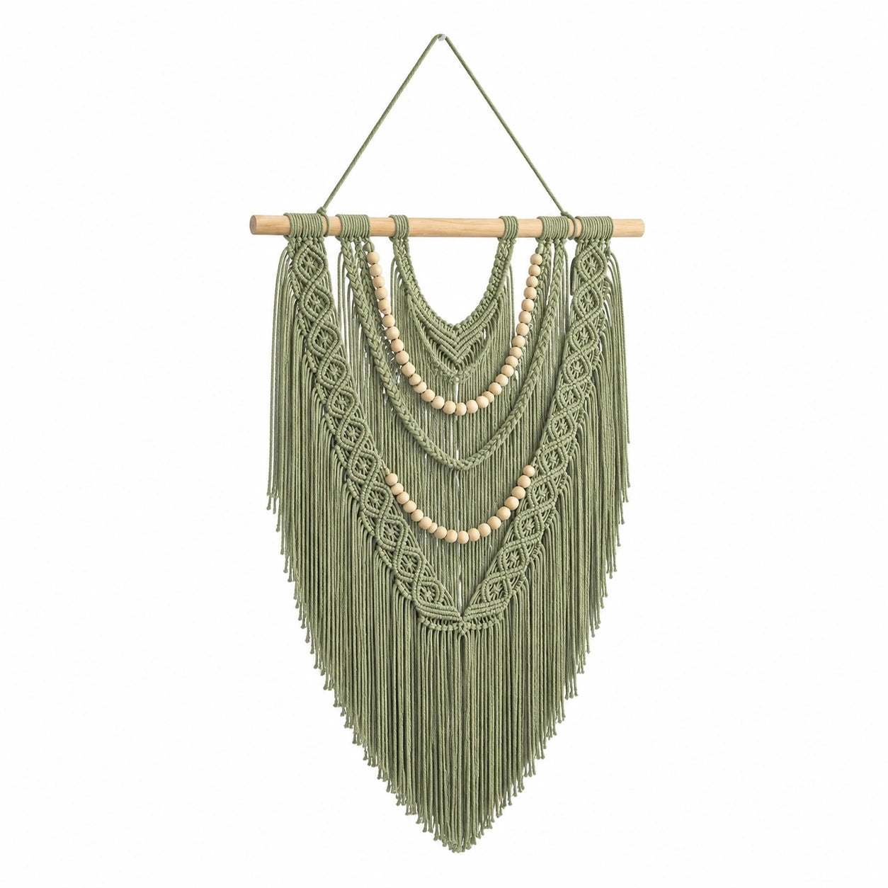 Tenture murale macramé 50 x 90 cm en coton vert sauge style bohème