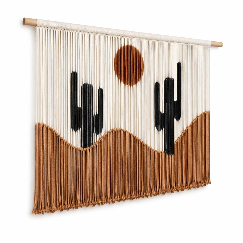 Tenture murale 60 x 75 cm en coton écru noir marron style bohème cactus