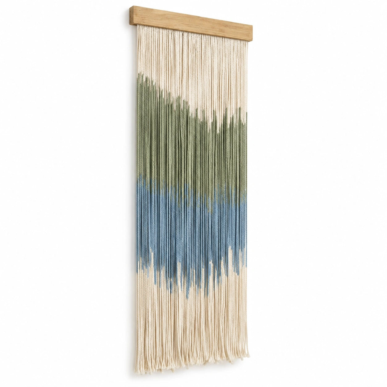 Tenture murale 40 x 100 cm en fibres textiles beige vert bleu avec barre en bois style bohème