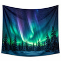 Tapisserie murale 150 x 130 cm en polyester bleu vert et violet décor forêt enneigée aurore boréale