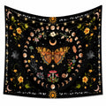 Tapisserie murale 150 x 130 cm en polyester noir motif papillon et phases lunaires style bohème