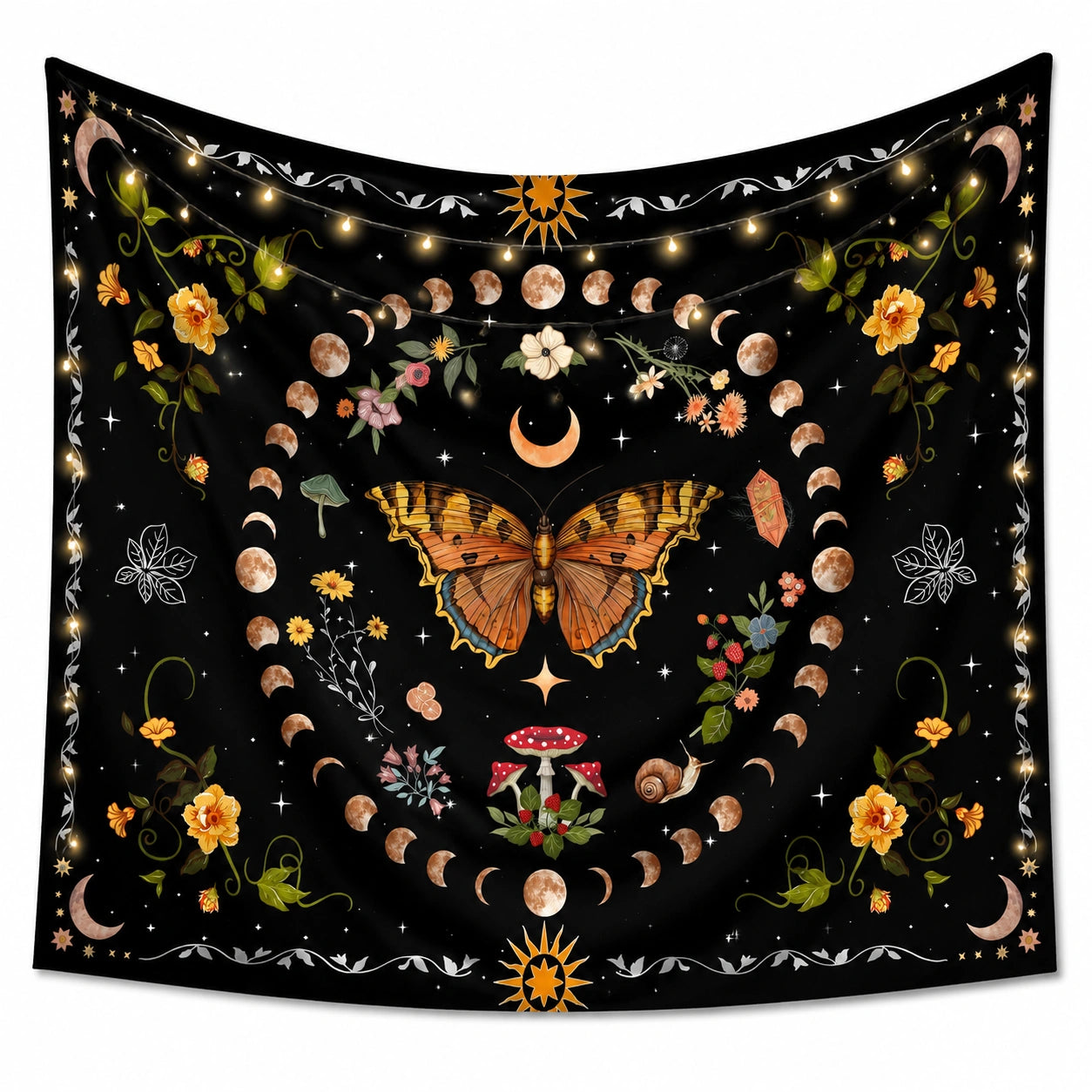 Tapisserie murale 150 x 130 cm en polyester noir motif papillon et phases lunaires style bohème
