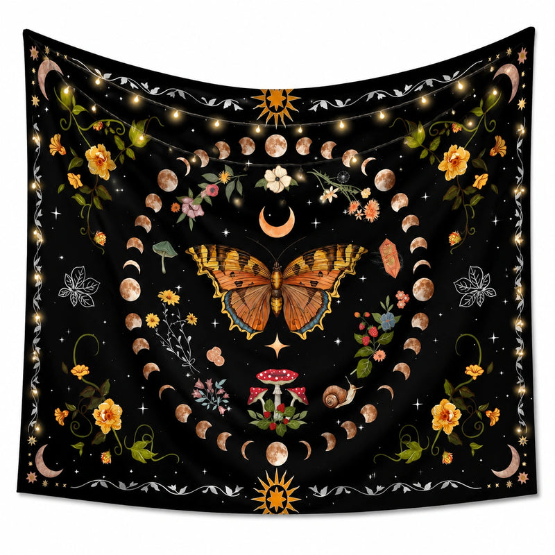 Tapisserie murale 150 x 130 cm en polyester noir motif papillon et phases lunaires style bohème
