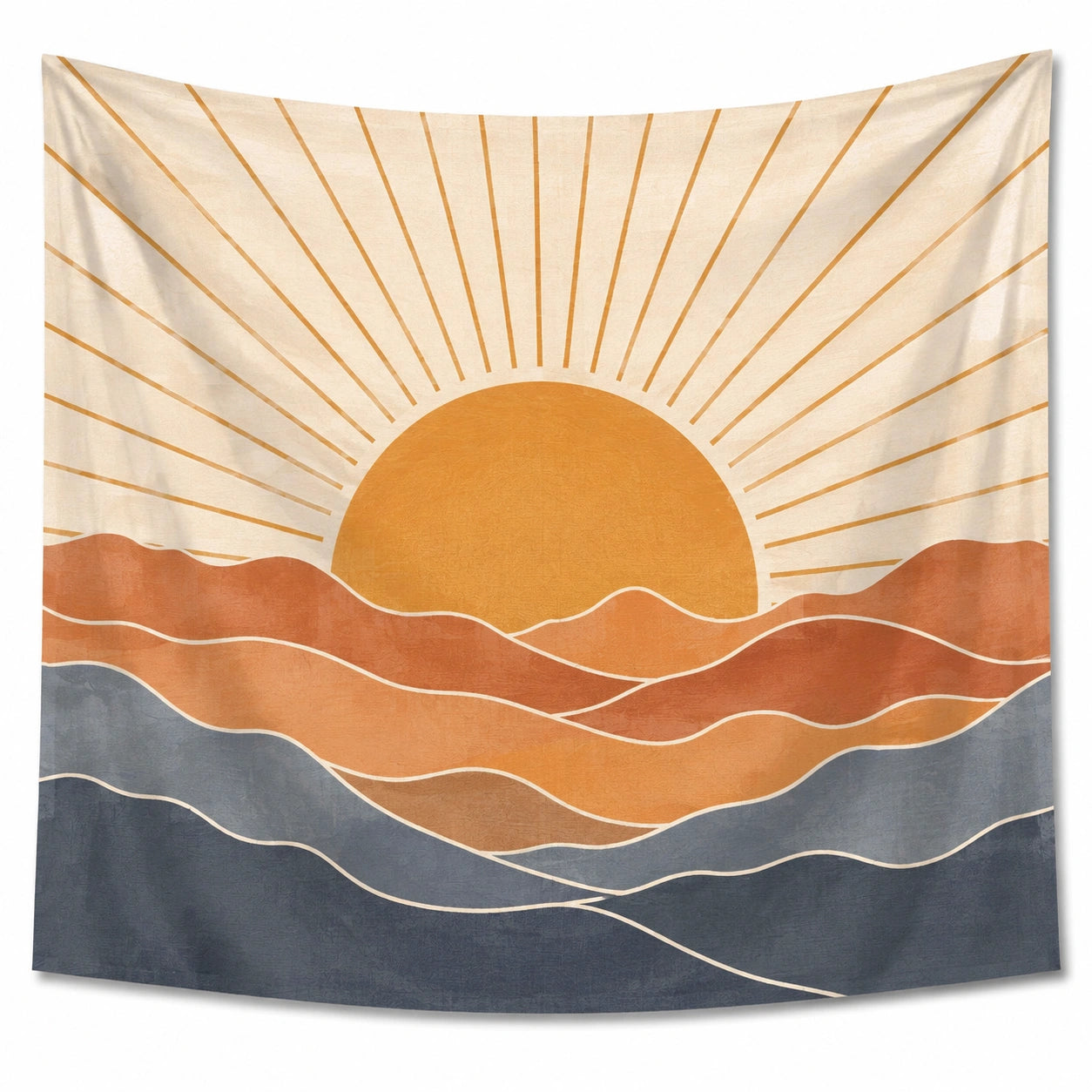 Tenture murale 150 x 130 cm en polyester beige orange bleu motif soleil et montagnes style bohème