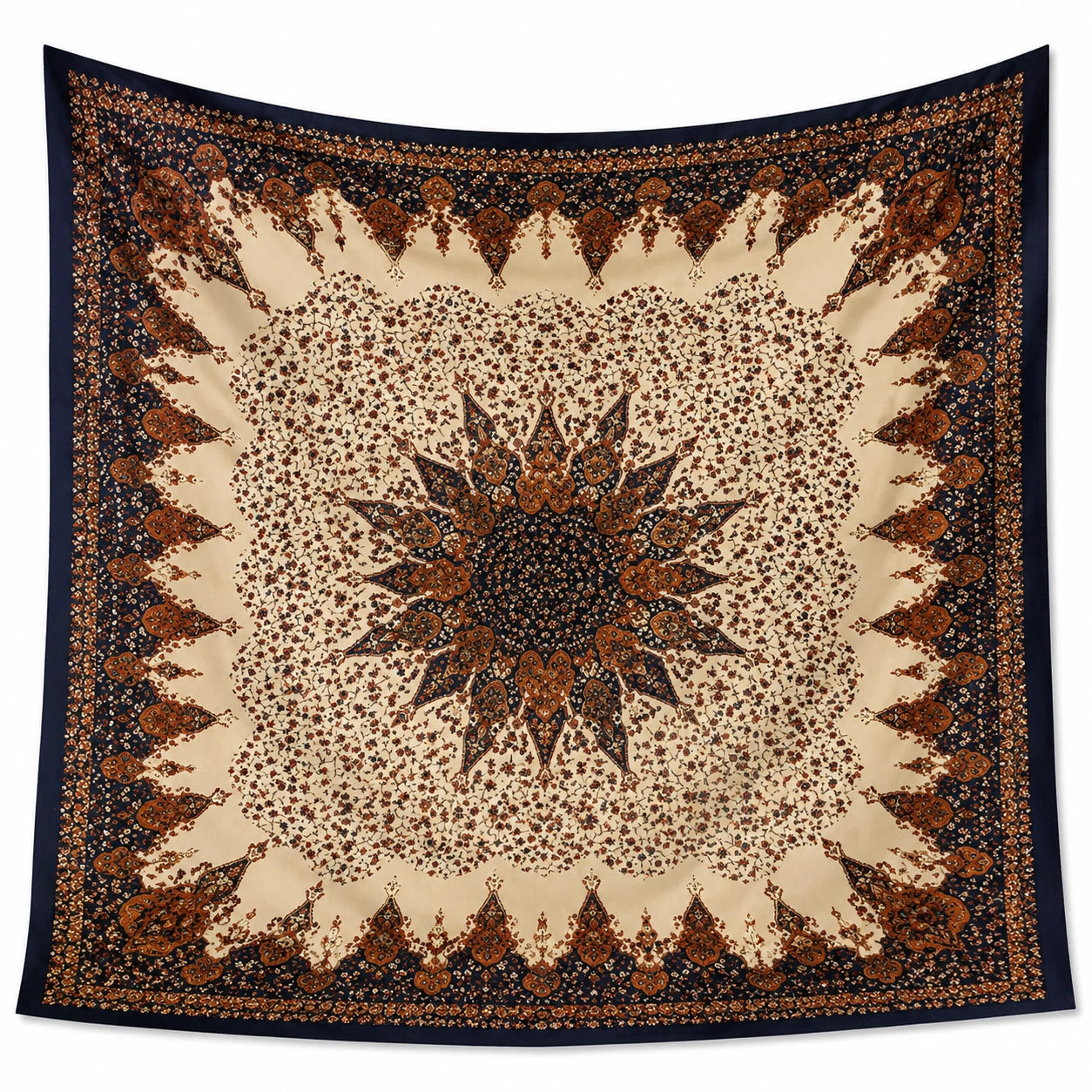 Tenture murale 150 cm x 150 cm en polyester bleu marine beige et brun à motif mandala décoratif
