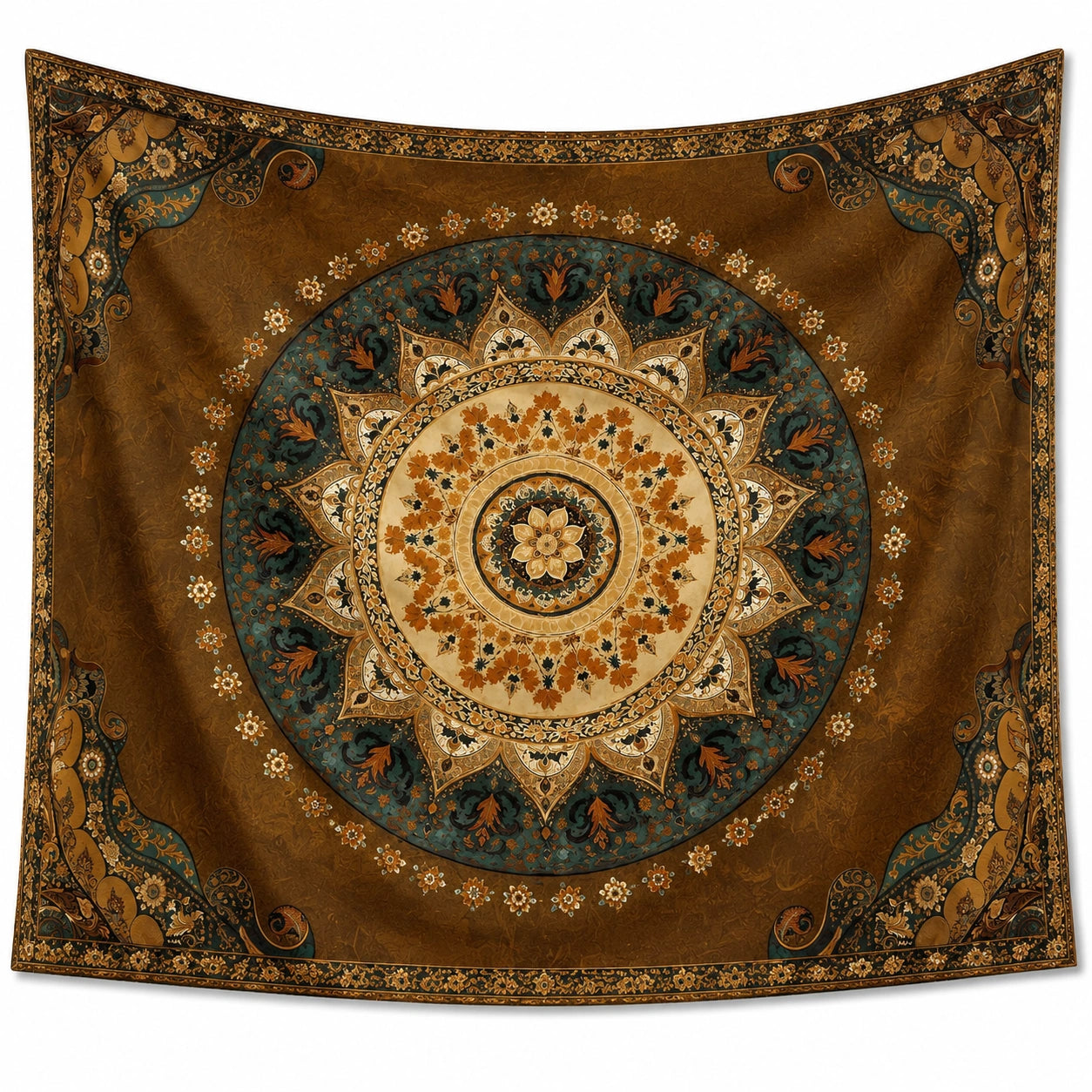 Tenture murale 150 x 150 cm en tissu marron vert motif mandala décorative